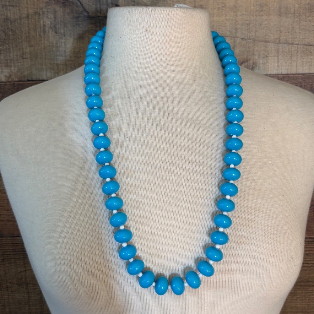 Vintage Turquoise Blue Beaded Necklace Long Rondelle Strand 30 Inch